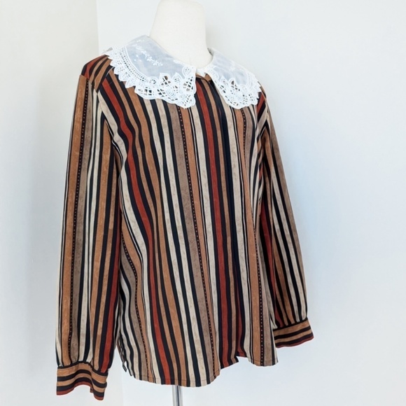 *Free with Purchase* 90’s Striped Long Sleeve Blouse Earth Tones Collar - Picture 7 of 10